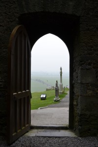 View throught the cemetary to the rolling Irish landscape